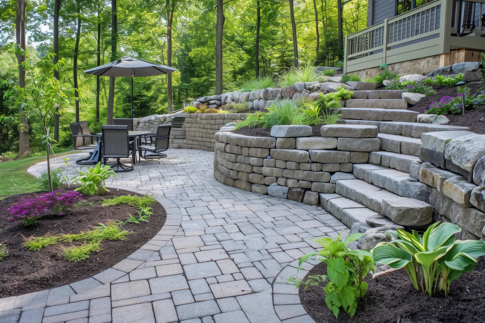 Paver retaining wall and landscaped patio in North Port FL